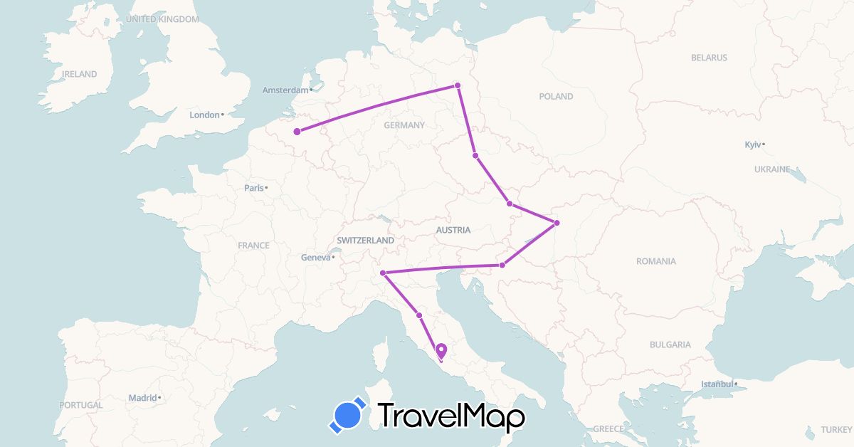 TravelMap itinerary: driving, train in Austria, Belgium, Czech Republic, Germany, Croatia, Hungary, Italy (Europe)